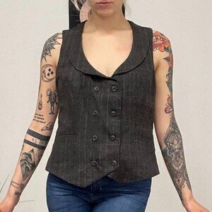 Y2K Ted Baker Bow Collar Button-Up Plaid Vest Sleeveless Size 4 Gray